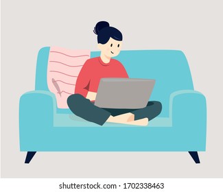 Woman working at home. Stay at home concept. Woman resting on sofa holds on lap notebook. Vector illustration.