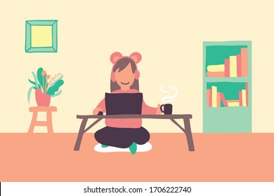 Woman working at home, stay at home with cozy feeling. Freehand drawing vector with layer illustration about people quarantine in lockdown. Social distancing slow infected pandemic outbreak.