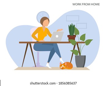 A woman working from home. stay at home, a woman sits at a Desk and works on a laptop. Cozy interior of the room. Concept of freelance and remote work. Modern vector illustrations.