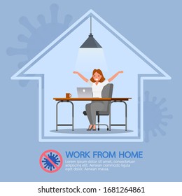 Woman working from home, stop coronavirus, social distancing concept character vector design