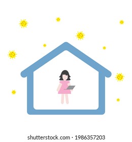 Woman working from home, stop coronavirus, social distancing, covid-19 quarantine, holding a laptop for business, investing, using social media, online marketing. (Illustration on white background)