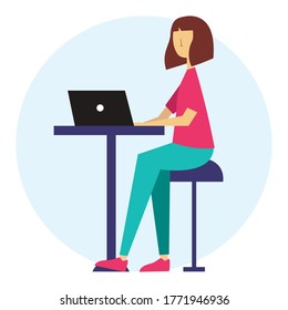 Woman working from home, student or freelancer. Cute vector illustration in flat style. 