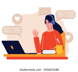 Woman working from home, student or freelancer. Cute vector illustration in flat style. Home office concept