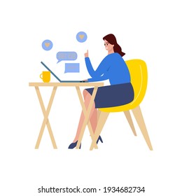 Woman working from home, student or freelancer. Cute vector illustration in flat style. Home office concept