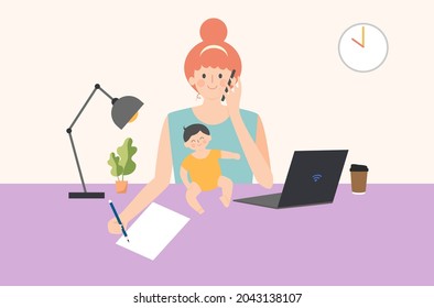 Woman Is Working From Home And Taking Care Baby While Staying At Home, Business Working Woman Is Balancing Her Life As An Office Worker And As A Mom, Busy Mom, Balance Life, International Women’s Day