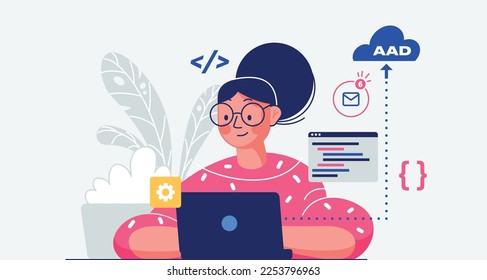 Woman working at home. Talking with colleagues online. Female remote developer career in minimal style. Co-working space illustration. E-learning or communication with artificial intelligence - AI.