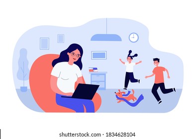 Woman working at home using computer. Children, remote work, job. Flat vector illustration. Telecommuting concept can be used for presentations, banner, website design, landing web page