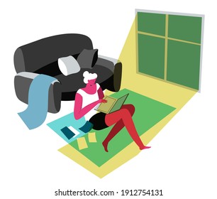 Woman working from home using laptop for projects completion and planning. Female character sitting on floor with stack of papers and documents. Secretary on quarantine. Vector in flat style