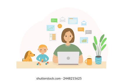 Woman working at home vector flat illustration. Home office illustration. Young mom working on laptop or computer at home with a child and dog near her. Multitasking at home 