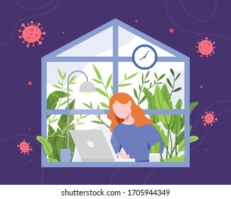 Woman working from home. Work from home during an outbreak of the COVID-19 virus. People work at home to prevent virus infection. Freelance woman working on laptop at her house. Vector in flat style