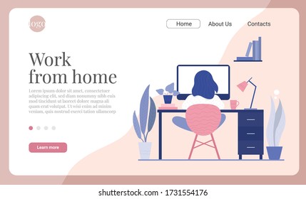 Woman Working At Home.Stay At Home, Work From Home. Freelancer Girl Working At Computer From Her Home Office. Workplace Organization. Landing Page For Website, Template Banner. Homepage Layout Design.