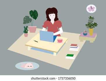 The woman is working at home,stay home Work at home concept design. woman is working on laptop and relaxing with Air-cleaning indoor plants at her house.