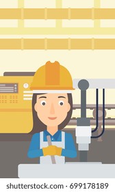 A woman working with an industrial equipment on the background of factory workshop with conveyor belt vector flat design illustration. Vertical layout. 