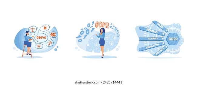 A woman working with information. Five business reasons you need GDPR-compliant surveys. The General Data Protection Regulation or GDPR Concept. Set flat vector illustration.

