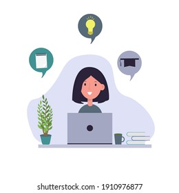 Woman is working infront of computer. Online education, remote work concept. Outsource. Freelancer. Educational web seminar, internet classes. Student Learning Online at Home. Ideas in head