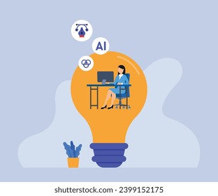 Woman working inside a light bulb. Creative thinking, creation of modern technology 2d vector illustration concept