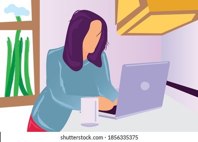 Woman working inside room on laptop, work from home theme vector illustration.