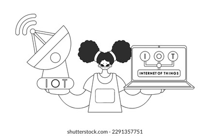 Mujer trabajando con internet de cosas datos de portador de portátil y antena, estilo vector plano