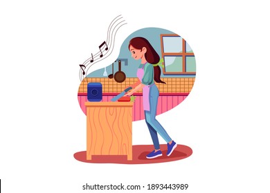 Woman Working In Kitchen With Smart Speaker In Foreground