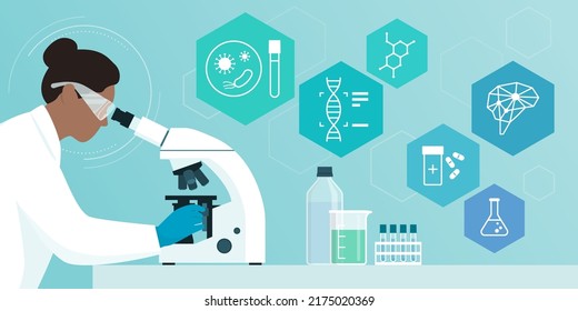 Woman working in a lab and checking samples under the microscope: scientific and medical research concept - Shutterstock ID 2175020369