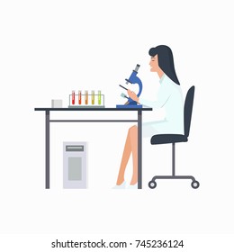 Woman working in laboratory with microscope in white robe. Vector illustration of icon with scientist working on experiment isolated on white background