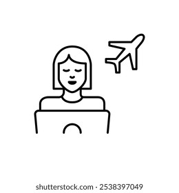 Mujer que trabaja en el ordenador portátil y el avión. Estilo de vida nómada digital, independiente de ubicaciones globales en todo el mundo. Icono de trazo perfecto y editable del píxel