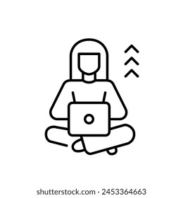 Woman working at laptop with arrows behind her. Career growth and success at remote jobs. Pixel perfect vector