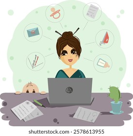 A woman working at a laptop with a baby peeking out from behind her desk. Around the woman are icons symbolizing different aspects of her life a pacifier, a letter, a schedule, a document, an iron.