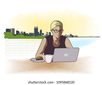 Woman working with laptop and coffee