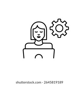 Woman working at laptop and cogwheel symbol. User settings, personalized workspace, female user configuration, system customization, productivity tools. Pixel perfect, editable stroke vector icon