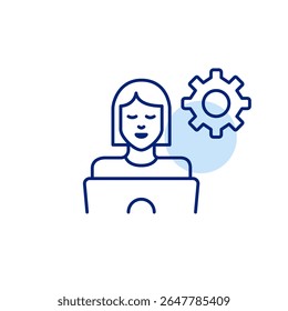 Woman working at laptop and cogwheel symbol. User settings, personalized workspace, female user configuration, system customization, productivity tools. Pixel perfect, editable stroke vector icon