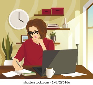 Woman working laptop in comfortable workplace, modern interior. Work at home concept design illustration of Coronavirus quarantine, self isolation.  Home Office, freelance, Online study, education. 