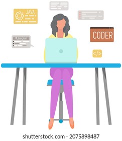 Woman working with laptop and computer at desk. Software developer programmer or system administrator with PC. Technical specialist at workplace. Young girl coder sitting at table typing java language