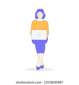 Woman working with laptop computer, flat cartoon character vector