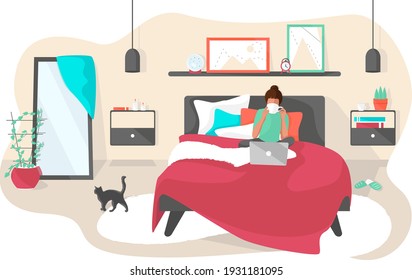 Woman Working With Laptop And Cupof Tea At Home At Bedroom Around Pillows And Blanket. Bedroom Interior. Cat Walking At Room. Vector Colorful Illustration Isolated On White Background.