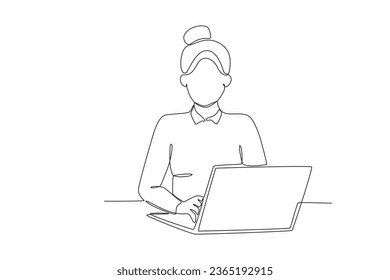 A woman working with a laptop. Dia de la mujer emprendedora one-line drawing