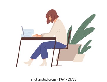 Woman working with laptop and documents behind desk. Busy office worker at workplace. Side view of person sitting at table. Colored flat vector illustration isolated on white background