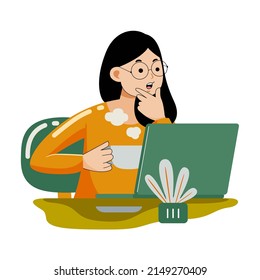 Woman working with laptop in flat design style