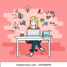 Woman is working with laptop. Flat line contour illustration of student studying process sitting at home. Young woman with social media and education infographics symbols such as chart, diagram, graph