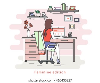 Woman is working with laptop. Flat line contour illustration of student studying process sitting at home. Young woman in the room with rose wall, bookshelfs, work desk, chair, fashion bag