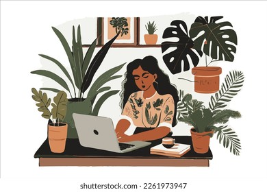Woman Working at Laptop in Green Eco Office , Typing on Keyboard, Surfing Internet Using, Female Freelancer, Remote Work Concept, Vector Illustration