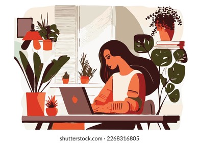 Woman Working at Laptop in Green Eco Office , Typing on Keyboard, Surfing Internet Using, Female Freelancer, Remote Work Concept, Vector Illustration