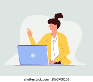 Woman working with a laptop in her cozy workplace. She waves her hand towards the screen. Joyful delightful workday. Thin line elegant vector illustration on white background. Freelancer, remote work