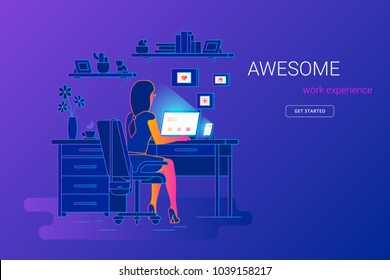 Woman working with laptop at her work desk, looking at monitor and smartphone. Gradient line vector illustration of student studying at home. People working with laptop at home on violet background