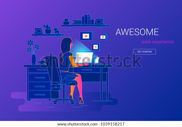 仕事場でノートパソコンを使い モニターやスマートフォンを見ている女性 自宅で学ぶ学生のグラデーション線のベクター画像イラスト 紫色の背景に自宅でノートパソコンを使用する人 のベクター画像素材 ロイヤリティフリー