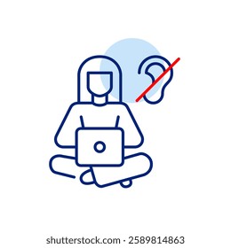 Woman working at laptop from home and ear crossed with red line. Accessibility for deaf or hard-of-hearing individuals in digital workspaces. Productive noise free working environment. Pixel perfect, 