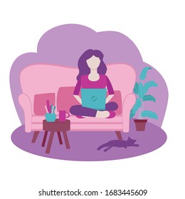 Woman working with laptop at home. Illustration for freelancing, remote work, business, online learning. Vector illustration