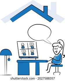 Woman working with laptop at home office. Teleconference and online business call Looking at Computer Screen and Talking with workers online.isolated vector illustration doodle art. Speech bubble
