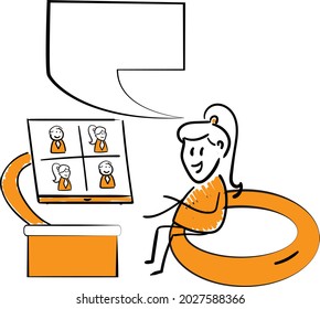 Woman working with laptop at home office. Teleconference and online business call Looking at Computer Screen and Talking with workers online.isolated vector illustration doodle art. Speech bubble
