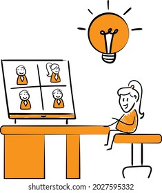 Woman working with laptop at home office concept got a business idea. Teleconference and online business chat with Colleagues to grow business.isolated vector illustration doodle art.
